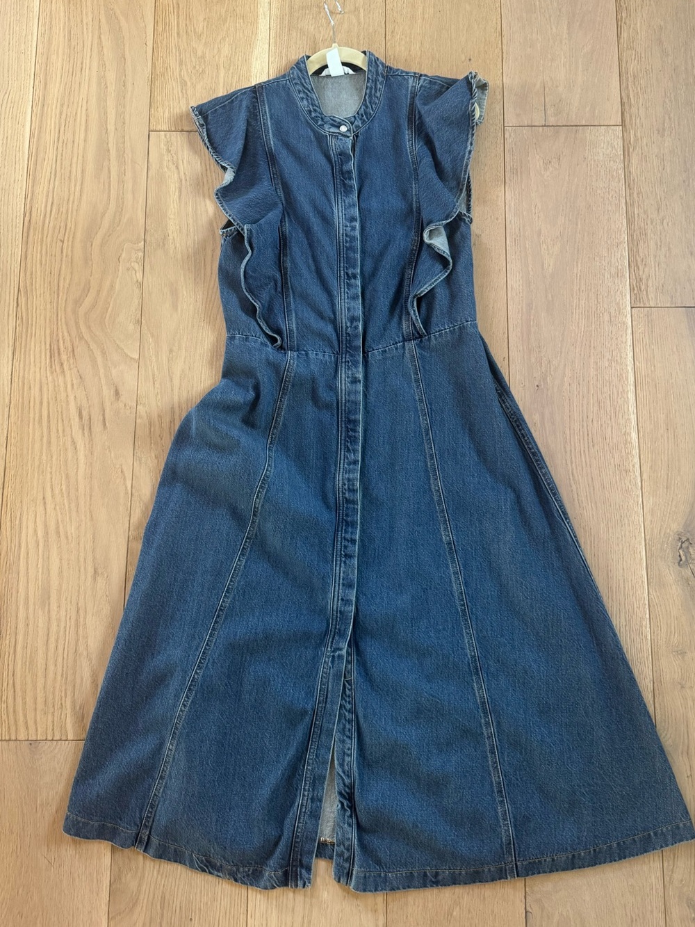 Denim Ruffle Sleeve A-Line Dress - Blue